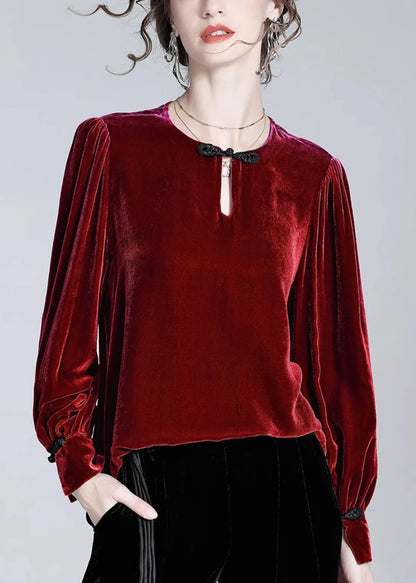 Loose Green Button Silk Velour Top Winter
