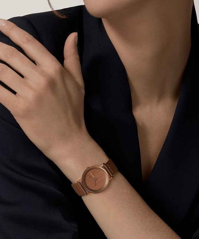 Brown Genuine Leather Inlaid Wooden Quartz Movement Watch