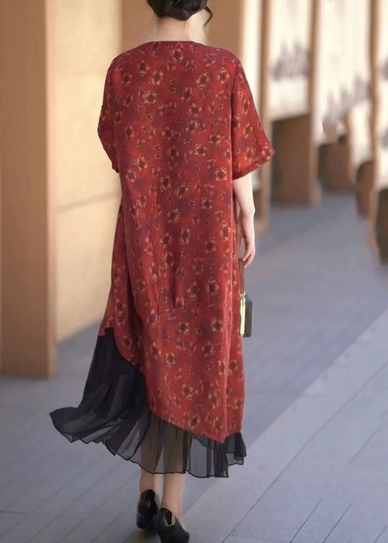 Handmade Red O-neck Asymmetrical Patchwork Silk Linen Long Dress Half Sleeve