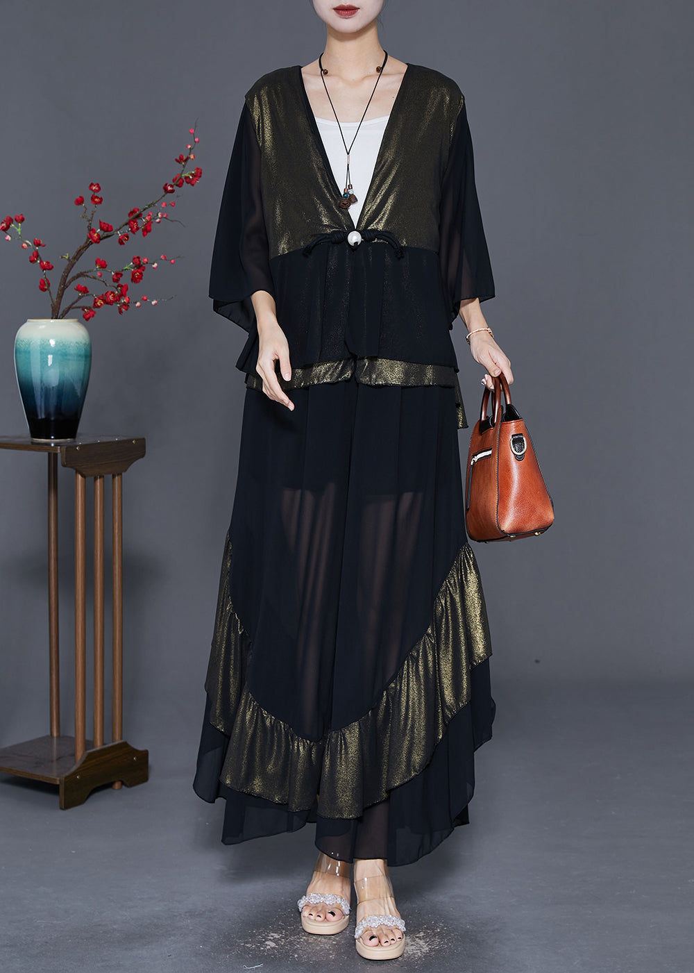Colorblock Chinese Button Patchwork Ruffles Chiffon Two Pieces Set Fall