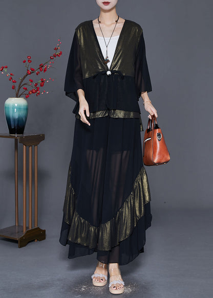 Colorblock Chinese Button Patchwork Ruffles Chiffon Two Pieces Set Fall
