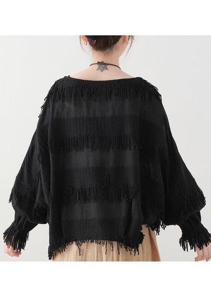 Black Original Design O-neck Cotton Tops Lantern Sleeve
