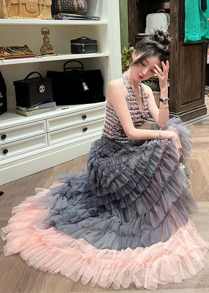 Pink Cold Shoulder Gradient Color Tulle Sets 2 Pieces Spring