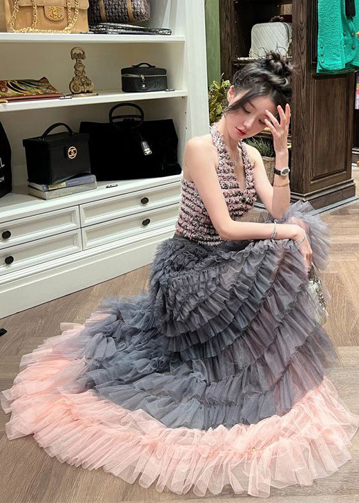Pink Cold Shoulder Gradient Color Tulle Sets 2 Pieces Spring