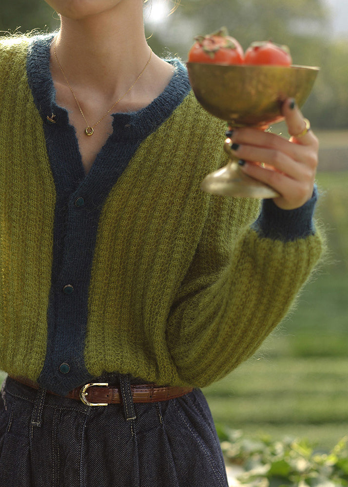 Green Button Patchwork Cozy Knit Top Long Sleeve