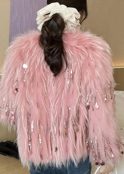 Pink O-neck Tassel Leather and Fur Coats Winter
