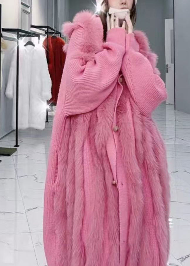 Grey Hooded Fox Fur Patchwork Knit Cardigan Fall