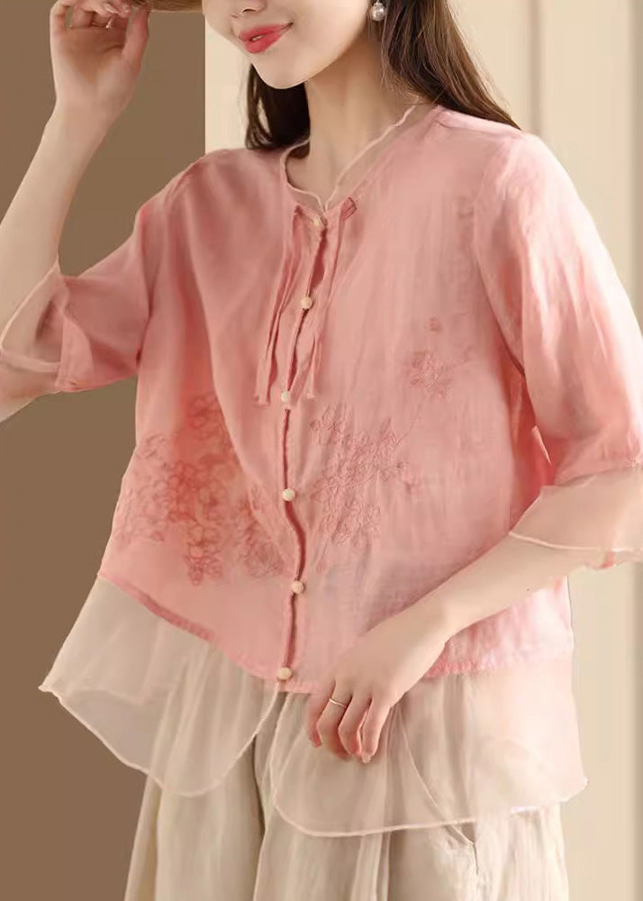 Blue Embroidered Tulle Patchwork Linen Shirt Summer