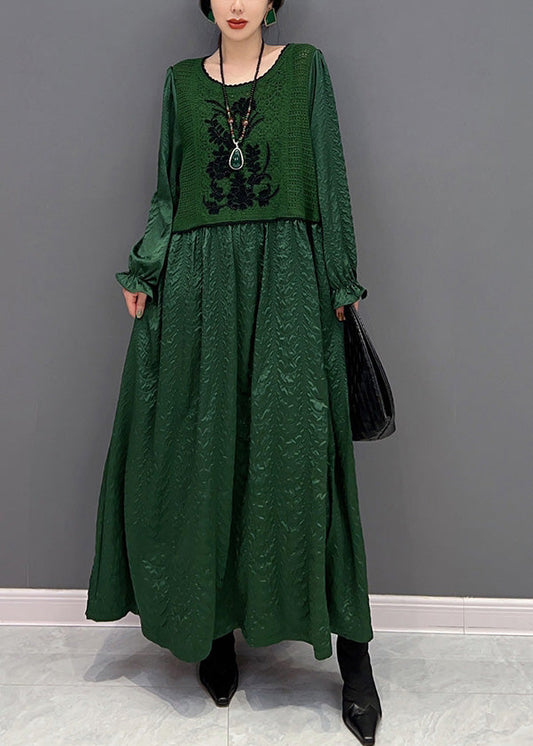 French Green O-neck Patchwork Knit Maxi Dresses Winter