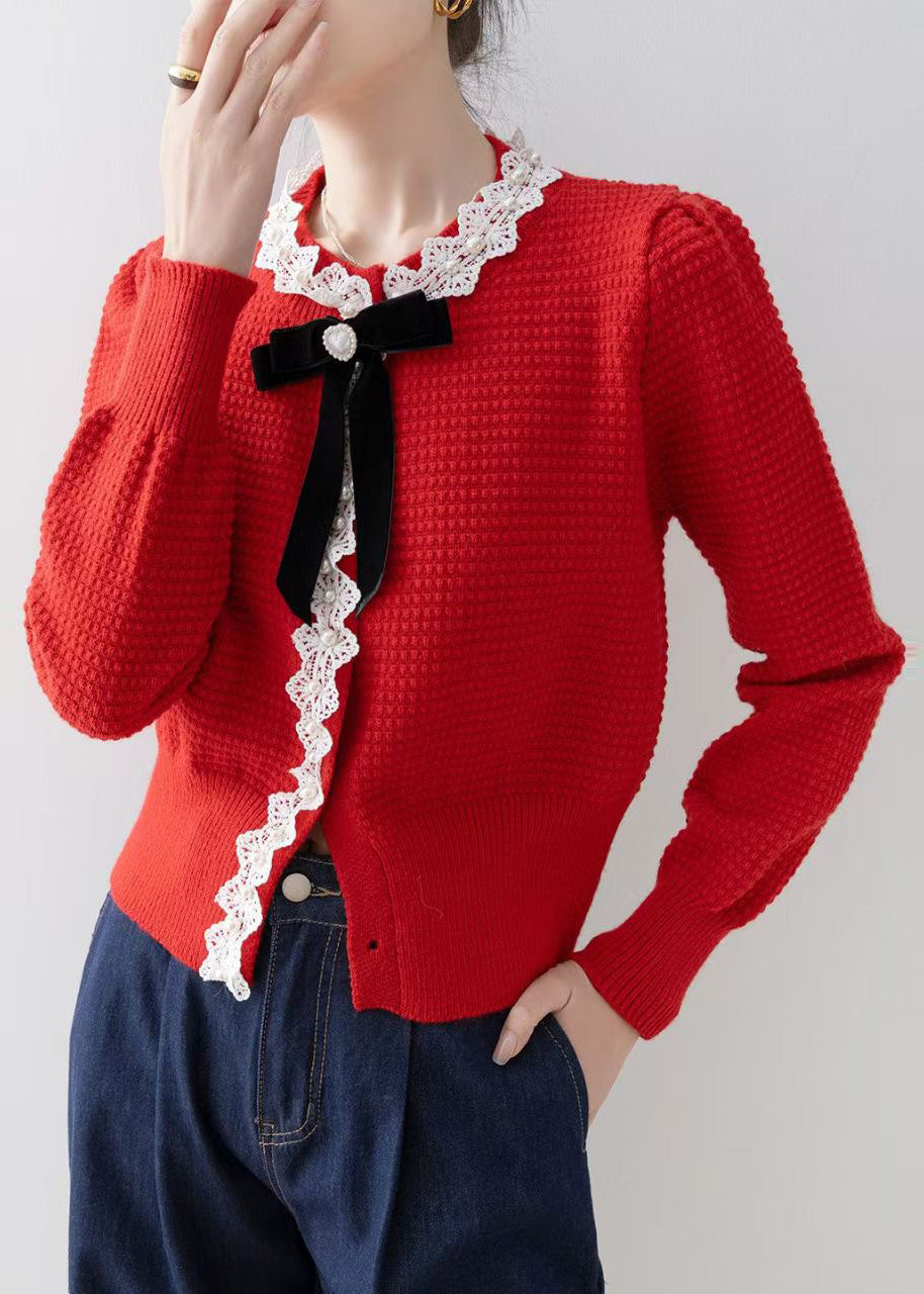 Red Bow Nail Bead Knit Cardigan Winter
