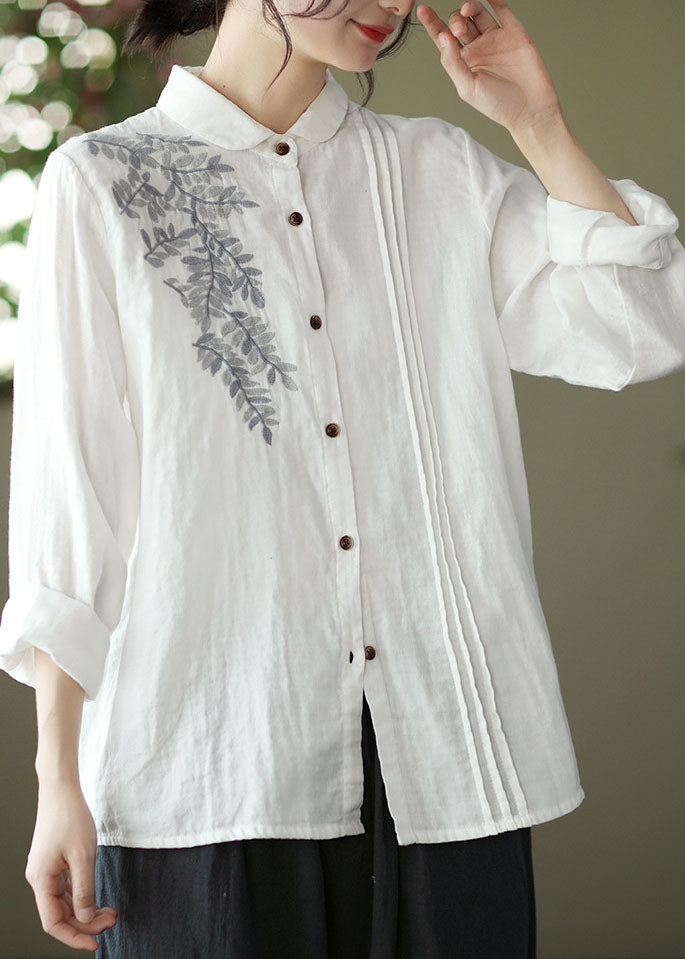 White Peter Pan Collar Embroideried Cotton Blouse Top Spring