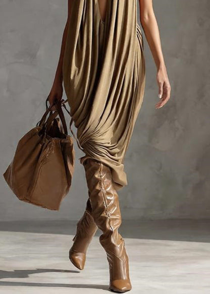 Original Design Khaki Asymmetrical Wrinkled Cotton Dresses Sleeveless Summer