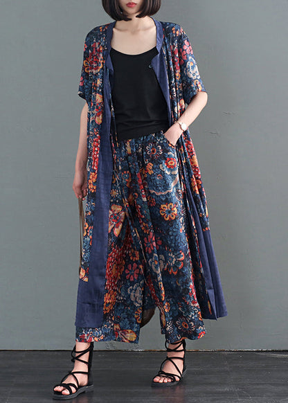 Blue Print Patchwork Lace Up Silk Two Pieces Set Fall
