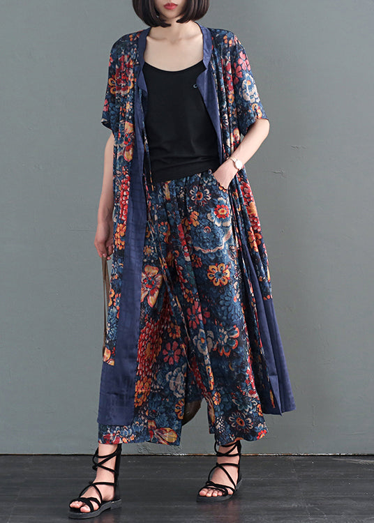 Blue Print Patchwork Lace Up Silk Two Pieces Set Fall