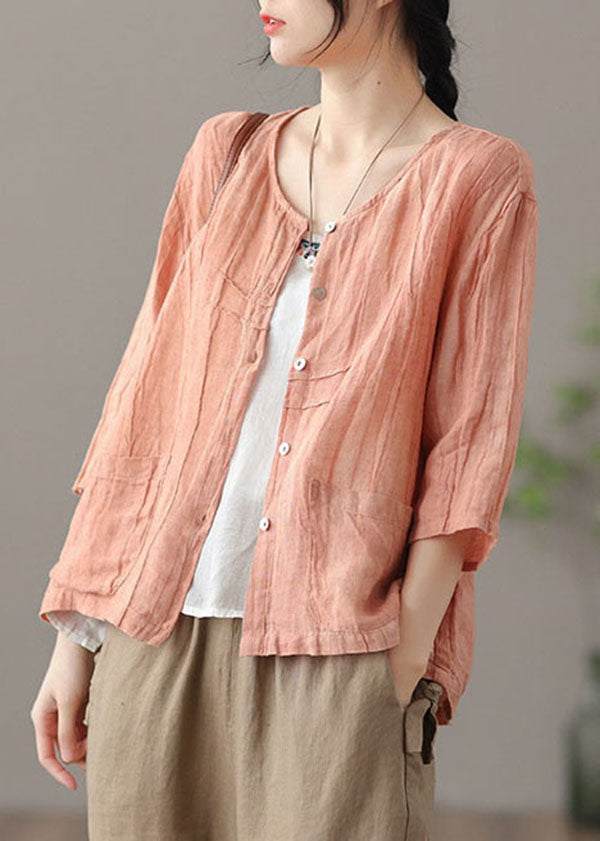 Yellow Patchwork Linen Shirt Tops Pockets Bracelet Sleeve
