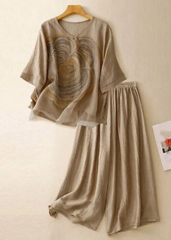 Boutique Pink V Neck Print Top and Wide Leg Pants Two Pieces Set Summer