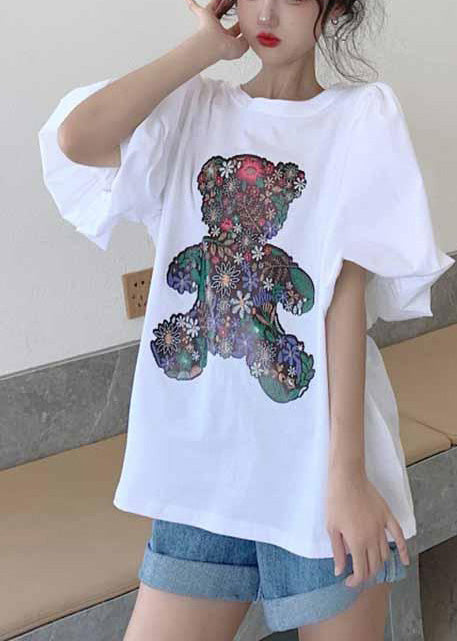 White Bear Print Cotton Tank Tops Puff Sleeve Summer
