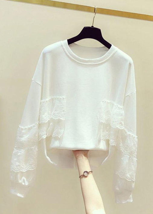 White Lace Patchwork Sweatshirts O Neck Spring