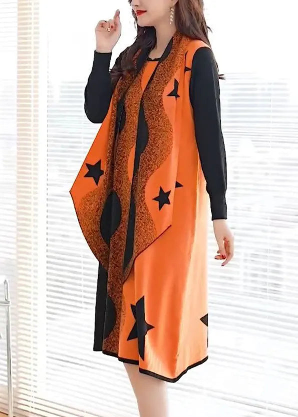 Orange Print Cozy Cotton Knit Two Piece Suit Long Sleeve