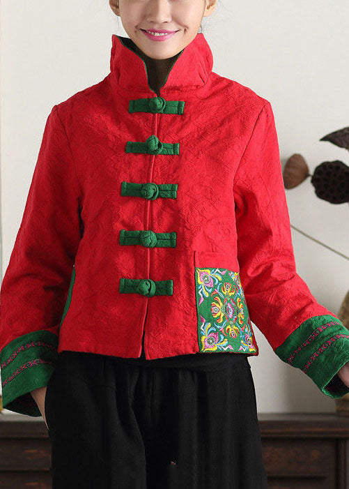 Unique Green Stand Collar Print Patchwork Cotton Chinese Style Coats Spring
