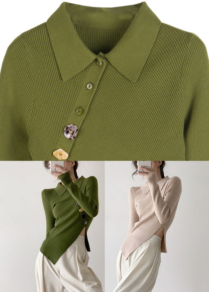 Green Peter Pan Collar Asymmetrical Knit Pullover Long Sleeve