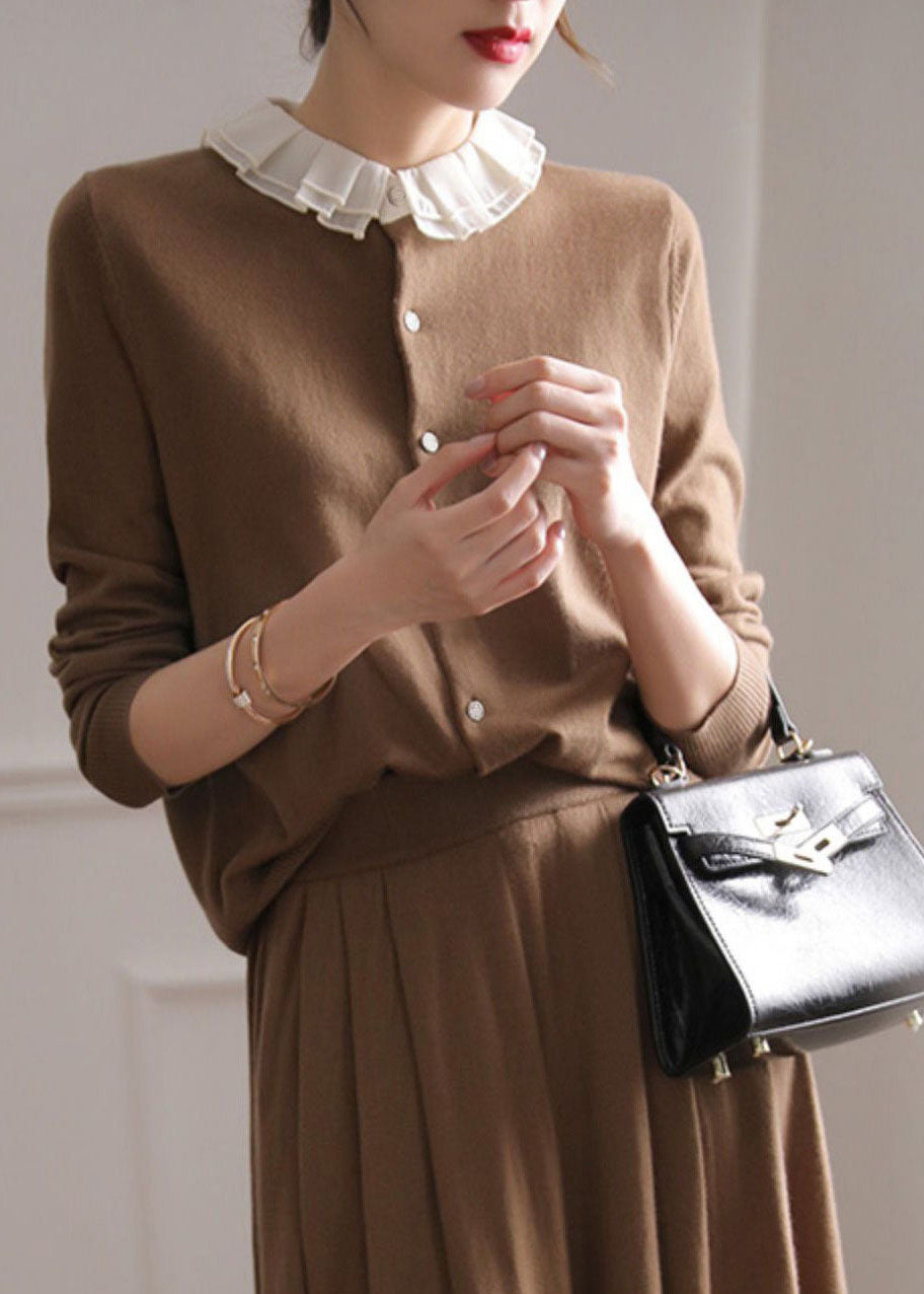 Chocolate O-neck Ruffled Patchwork Cashmere Cardigans Spring