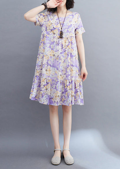 Light Purple Patchwork Print Mid Dresses Short Sleeveomen Light Purple Patchwork Print Mid Dresses Short Sleeve