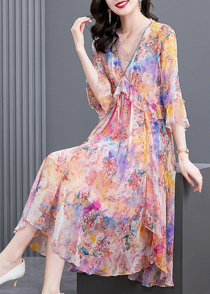 Light Pink V Neck Print Patchwork Flare Dress Fall