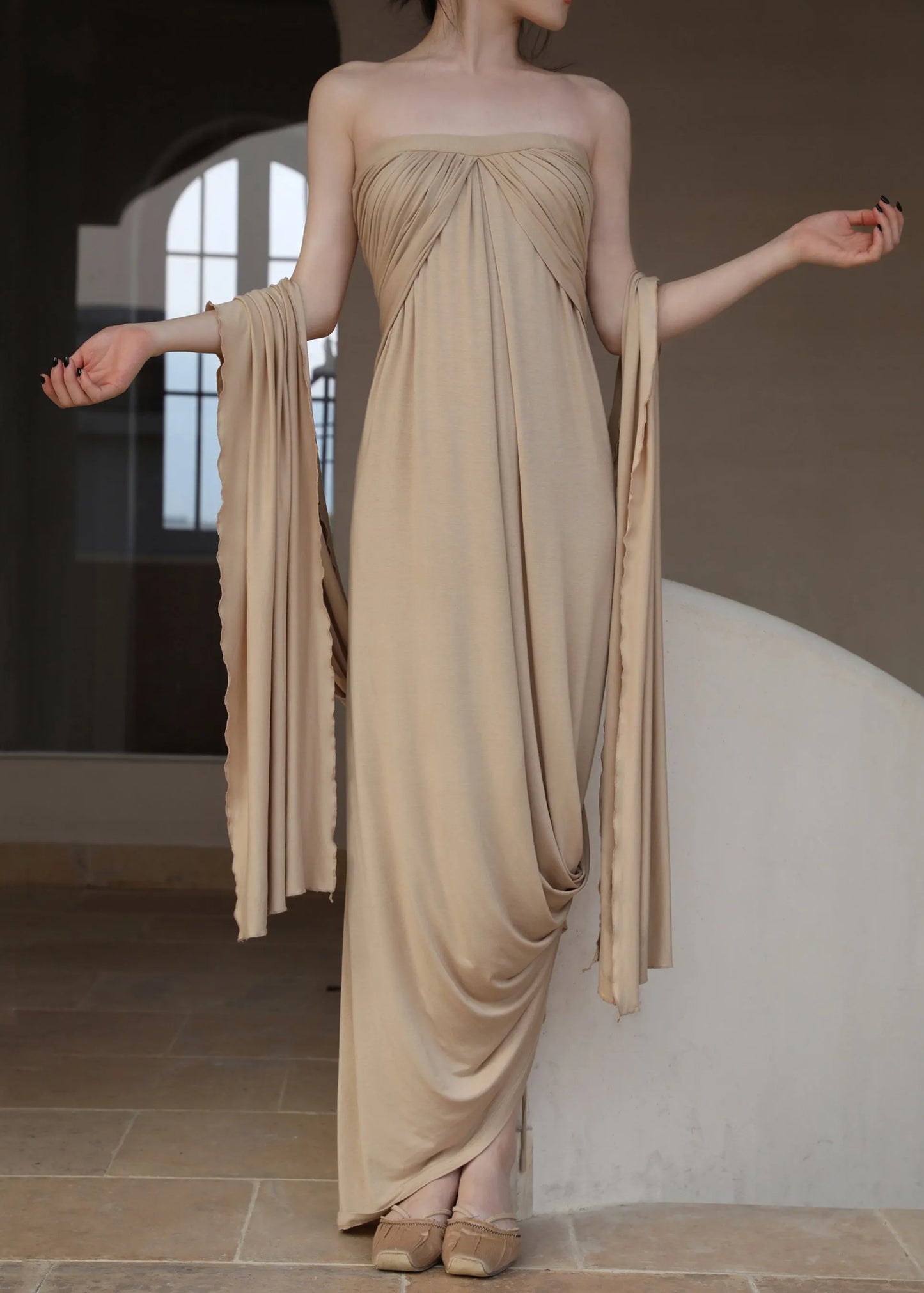 French Khaki Off the Shoulder Wrinkled Cotton Long Dresses Sleeveless