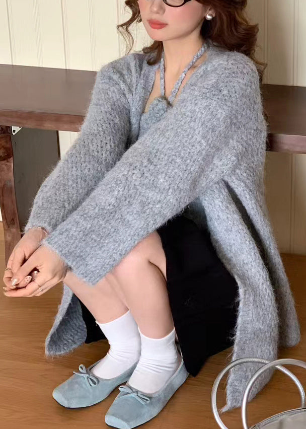 Grey Halter Knit Cardigan Two Pieces Set Winter