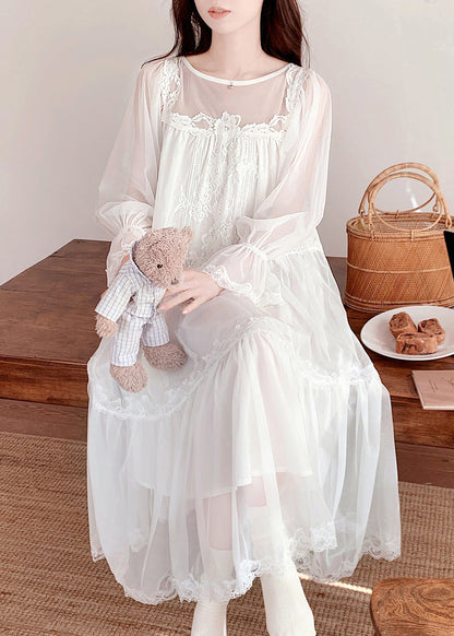 White O-neck Embroidered Tulle Vacation Long Dresses Long Sleeve