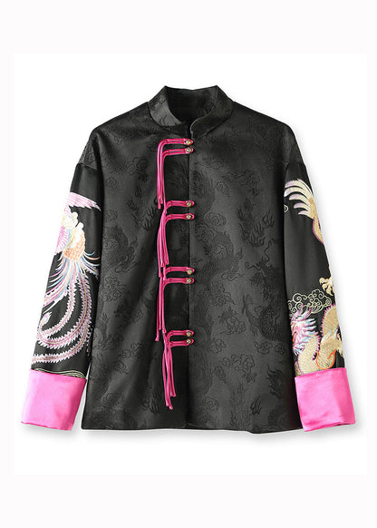 Chinese Style Black Stand Collar Tasseled Print Silk Coat Fall