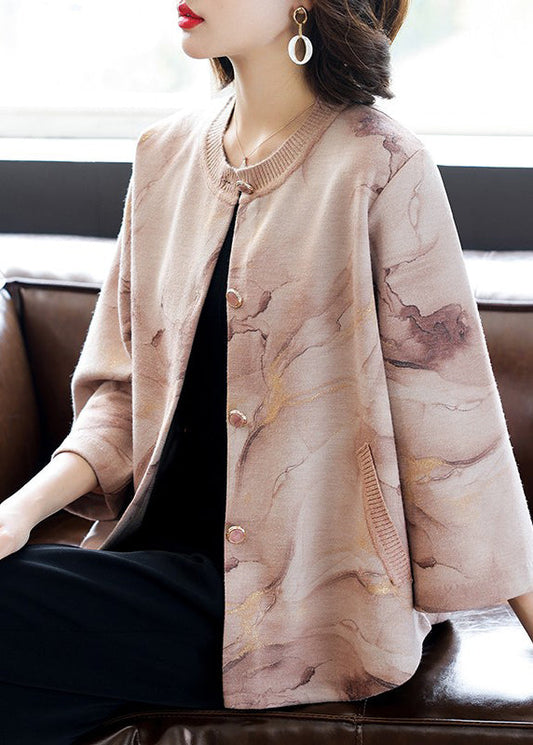 Pink O-neck Print Button Cotton Knit Coats Three Quarter Sleeve