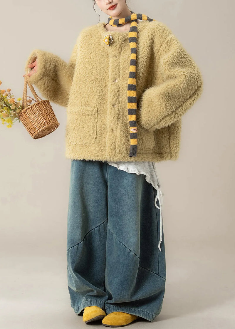 Loose Yellow Pockets Coat and Denim Wide Leg Pants Teddy Faux Fur Two Piece Set Winter