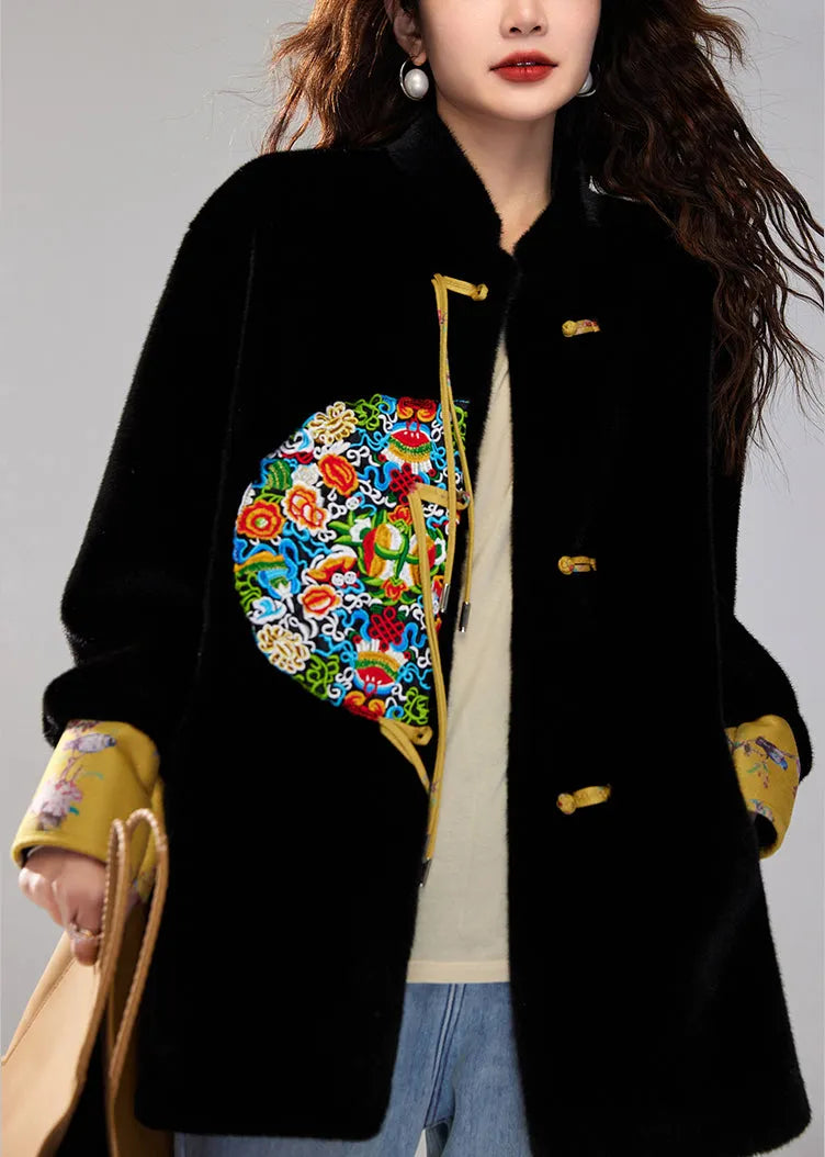 Black Embroidered Tasseled Faux Mink Velvet Coats Winter