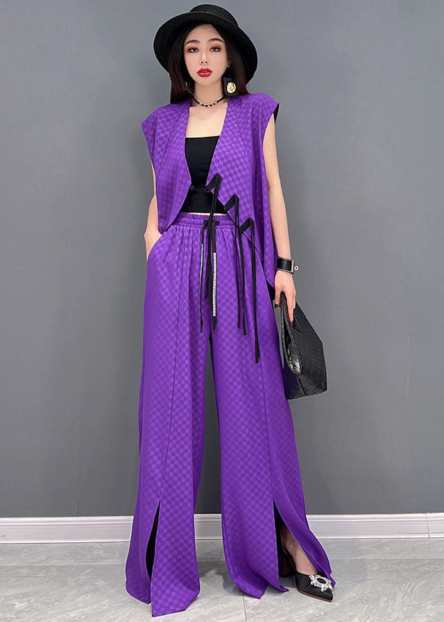Purple Jacquard Chiffon Vest and Wide Leg Pants Two Pieces Set Elastic Waist Sleeveless