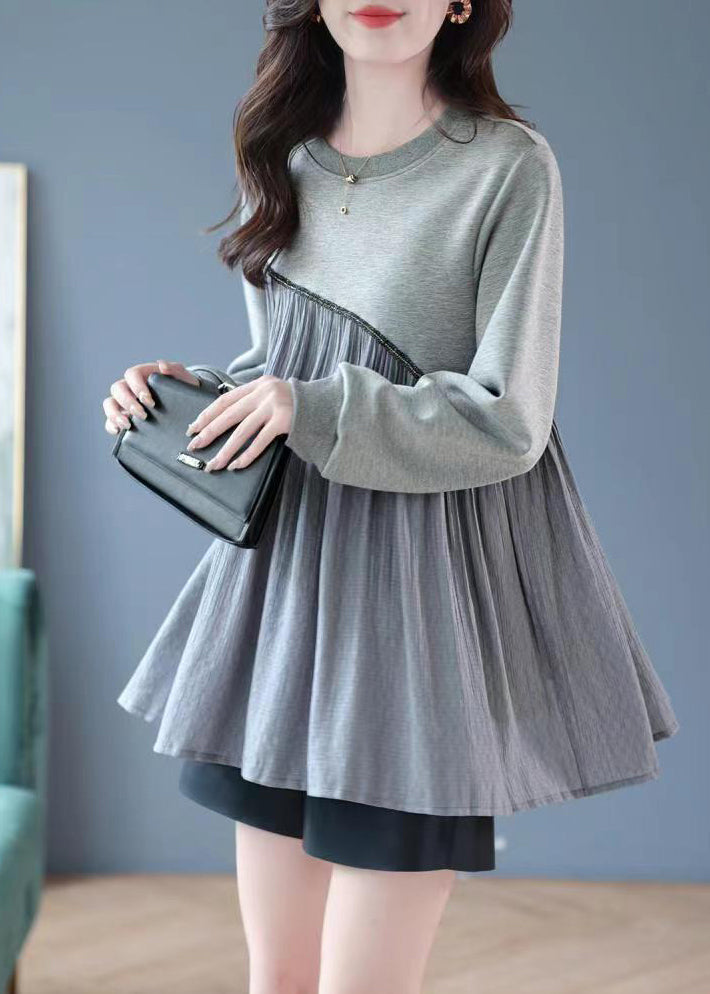 Grey O-neck Wrinkled Patchwork Sweatshirt Spring