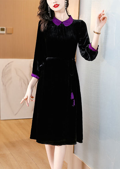 Black Peter Pan Collar Patchwork Silk Velour Maxi Dresses Long Sleeve