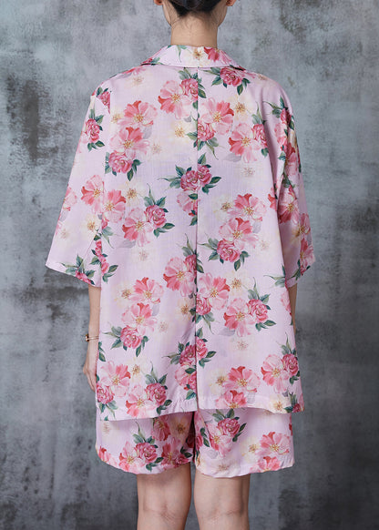 Pink Oversized Print Linen Two Pieces Set Summer