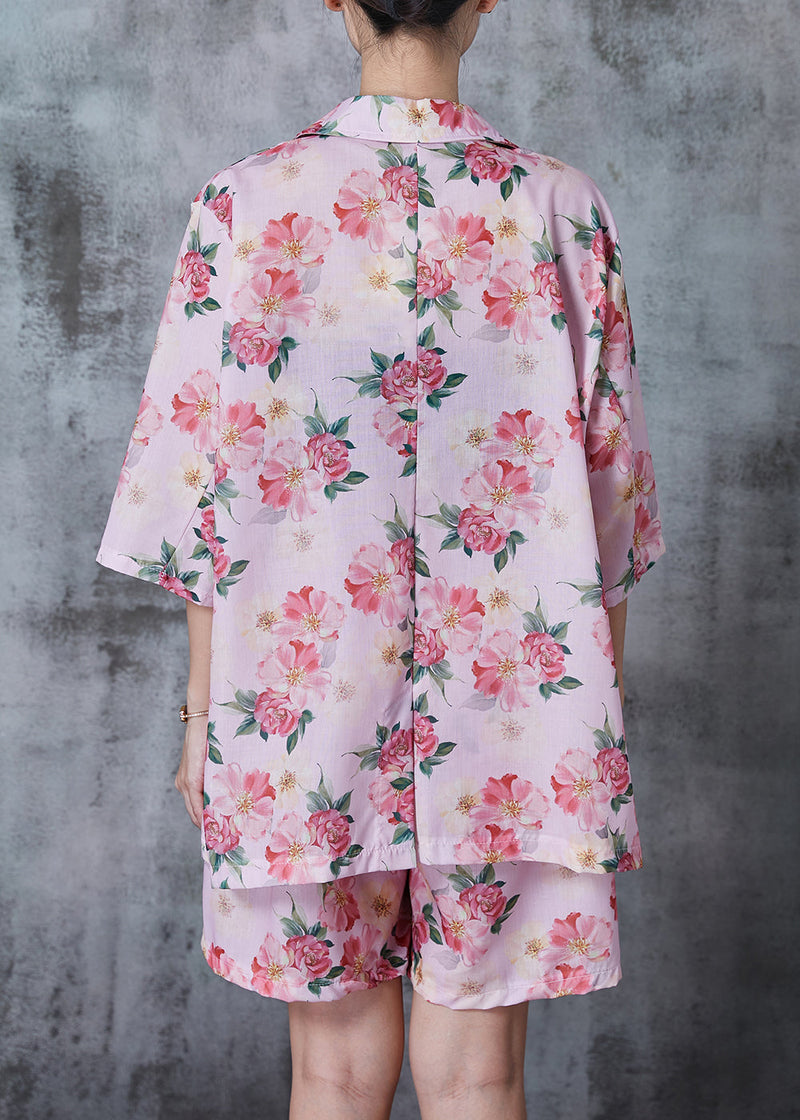 Pink Oversized Print Linen Two Pieces Set Summer