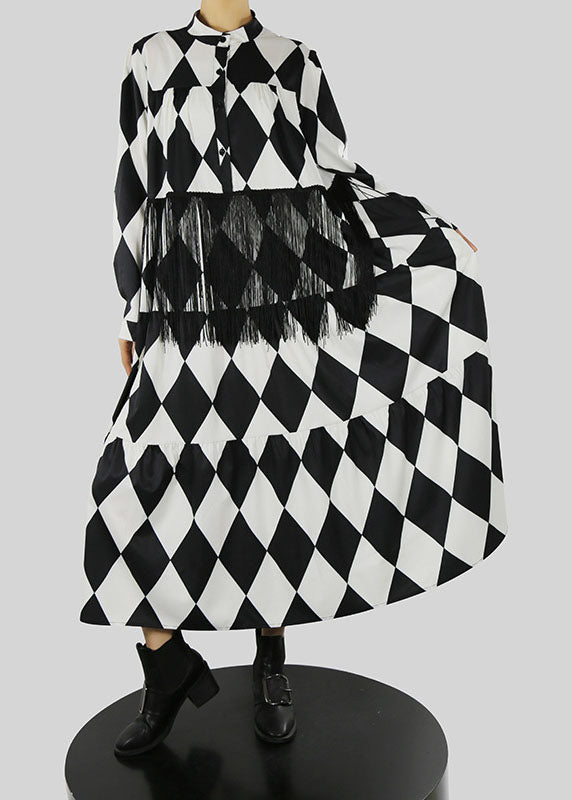 Loose Black Stand Collar Tassel Print Shirt Dress Spring
