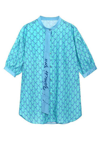 French Blue Print Button Patchwork Top Summer