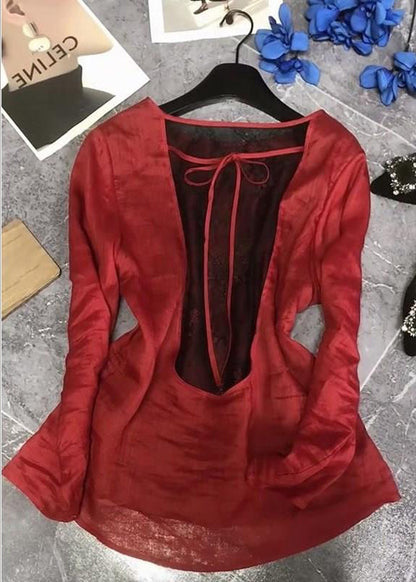 Red Back Lace Up Patchwork Cotton Tops Fall