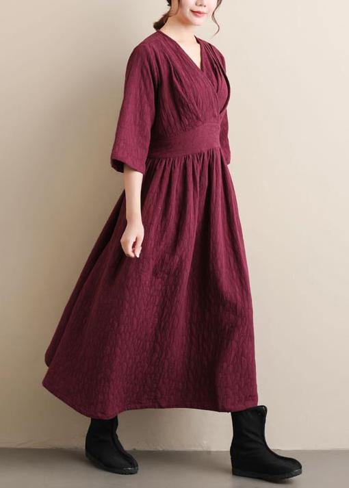 Natural V Neck Cinched Spring Quilting Clothes Pattern Burgundy Maxi Dress
