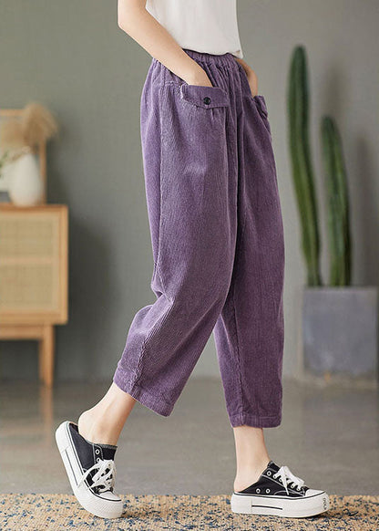Natural Purple Retro Pockets Corduroy Fall Pants