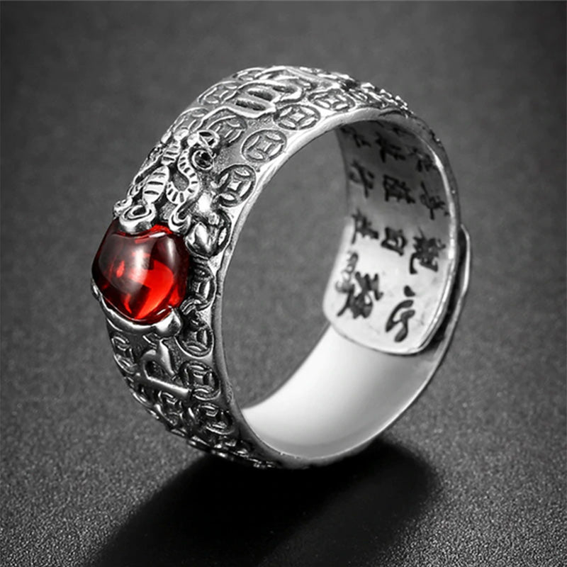 Buddha Stones Fengshui Pixiu Red Garnet Wealth Ring
