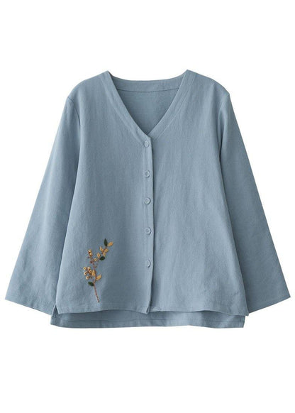 Blue Loose V Neck Button Fall Shirts Long Sleeve