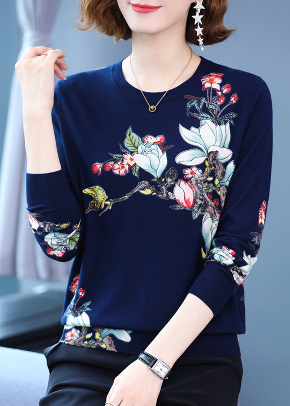 Navy O Neck Print Loose Woolen Knit Top Spring