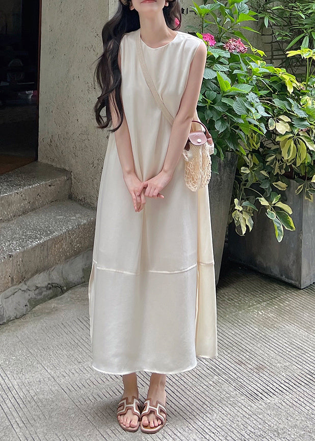 White O-neck Side Open Silk Long Dress Sleeveless