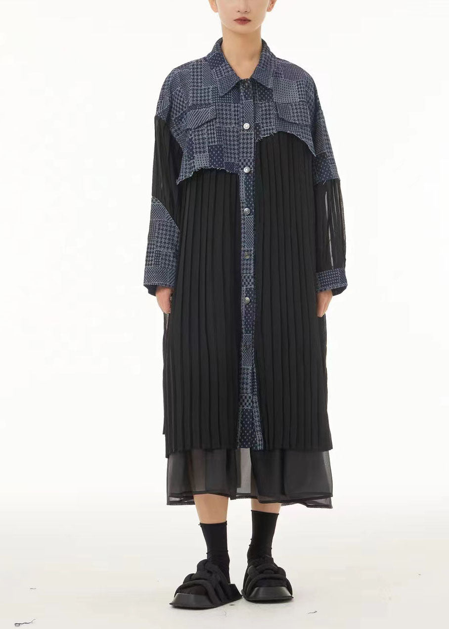 Colorblock Oversized Denim Patchwork Wrinkled Chiffon Shirt Dresses Spring